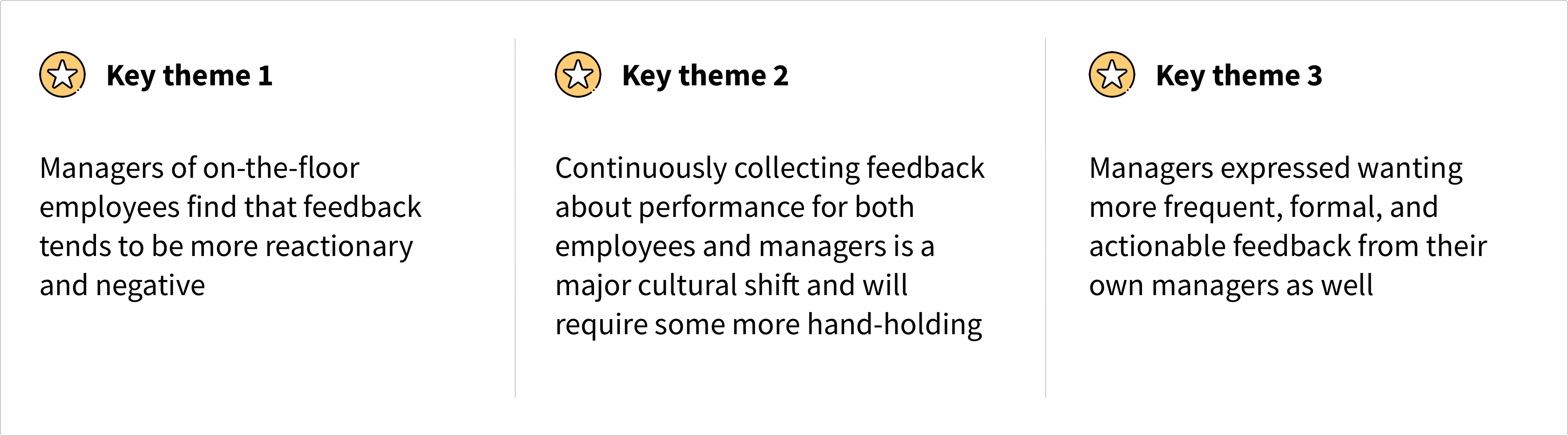 3 themes: 1) feedback tends to be more reactionary 2) continuous feedback is a culture shift 3) managers want feedback from their own directors as well