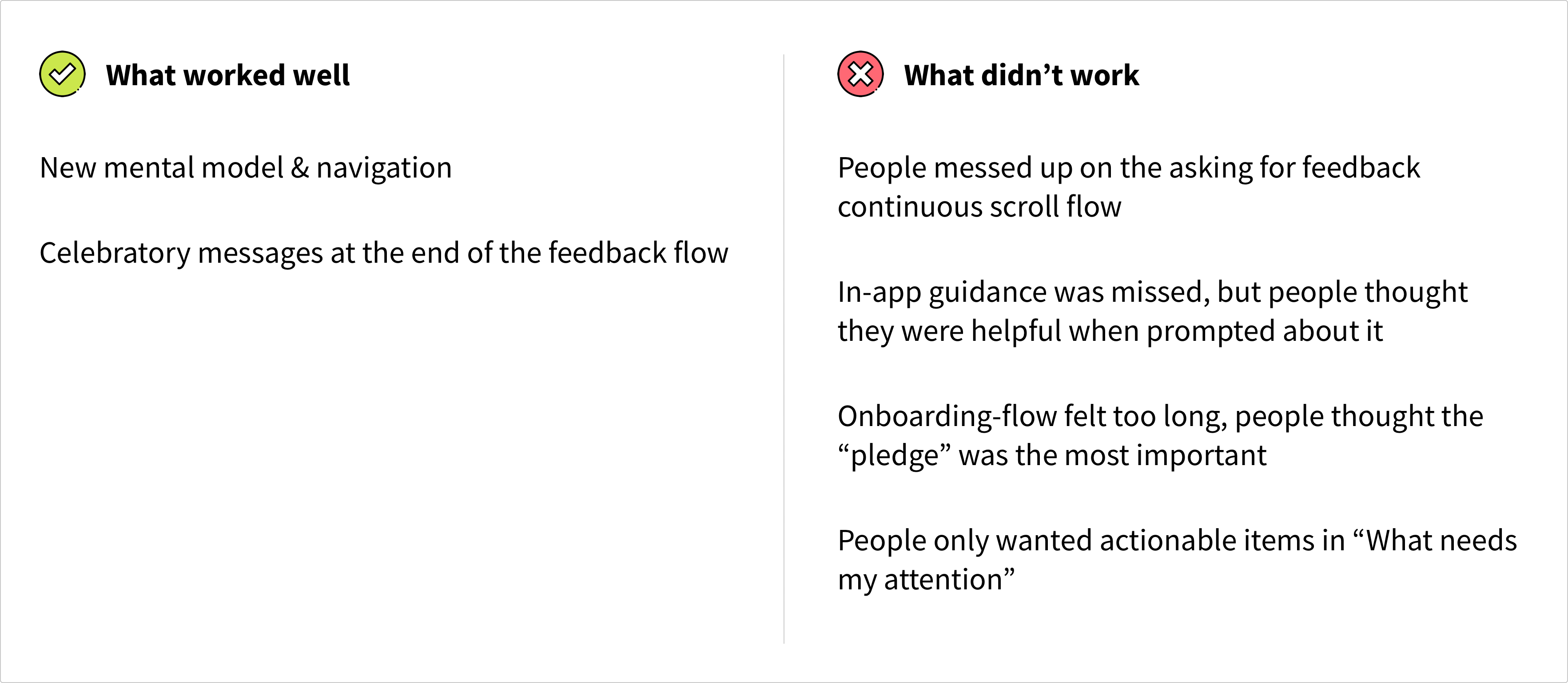 Things that went well: mental model & navigation, celebratory messages. Things that didn't work: continuous scroll, in-app guidance was missed, onboarding felt too long, people want actionable items for focus